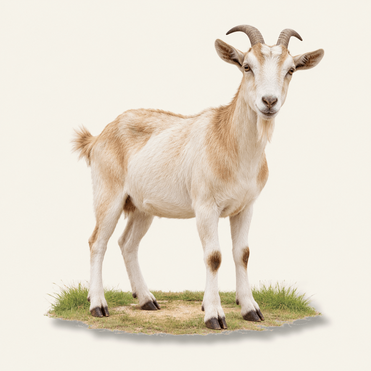 Cream-and-tan goat standing on a patch of grass against a light background