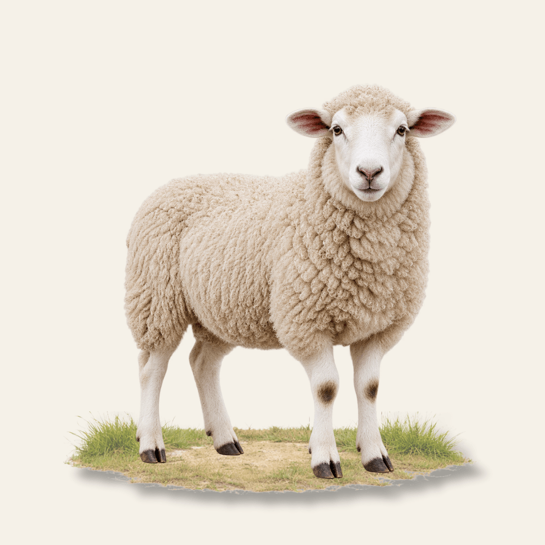 White woolly sheep standing on grass against a light beige background.
